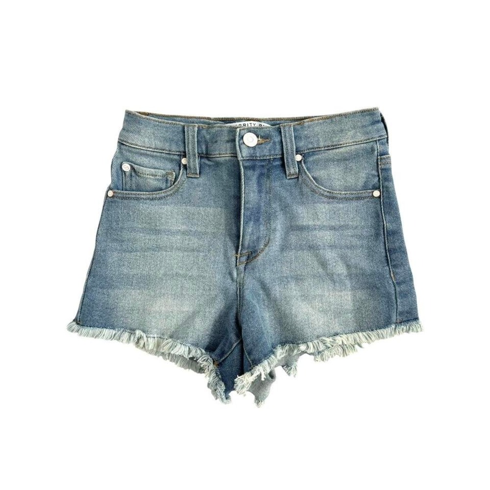 celebrity pink high rise denim shorts size 0 / 24 frayed hem light wash jeans